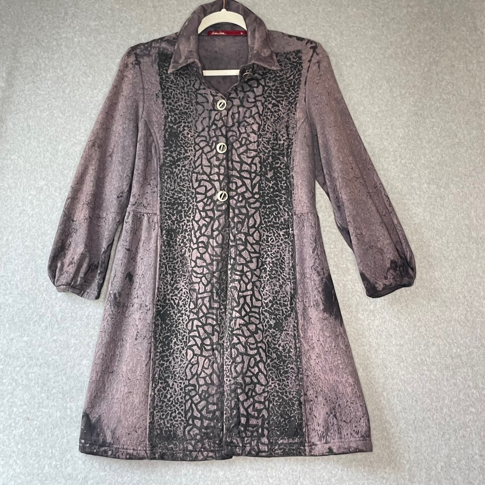 Barbara Lesser Fibers Purple Black Patterned Cotton Coat S